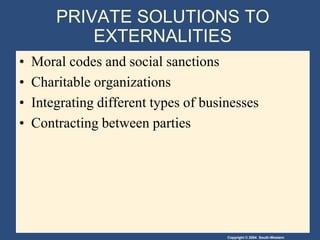 PRIVATE SOLUTIONS TO EXTERNALITIESMoral codes and social sanctionsCharitable organizationsIntegrating different types of businessesContracting between parties
