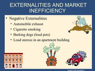 Copyright © 2004 South-Western
EXTERNALITIES AND MARKET
INEFFICIENCY
• Negative Externalities
• Automobile exhaust
• Cigarette smoking
• Barking dogs (loud pets)
• Loud stereos in an apartment building
 