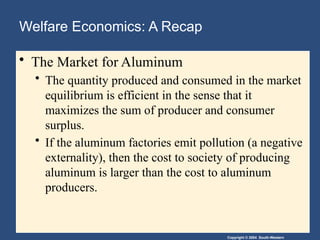 Copyright © 2004 South-Western
Welfare Economics: A Recap
• The Market for Aluminum
• The quantity produced and consumed in the market
equilibrium is efficient in the sense that it
maximizes the sum of producer and consumer
surplus.
• If the aluminum factories emit pollution (a negative
externality), then the cost to society of producing
aluminum is larger than the cost to aluminum
producers.
 