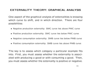 EXTERNALITY THEORY: GRAPHICAL ANALYSIS
One aspect of the graphical analysis of externalities is knowing
which curve to shift, and in which direction. There are four
possibilities:
• Negative production externality: SMC curve lies above PMC curve
• Positive production externality: SMC curve lies below PMC curve
• Negative consumption externality: SMB curve lies below PMB curve
• Positive consumption externality: SMB curve lies above PMB curve
The key is to assess which category a particular example fits
into. First, you must assess whether the externality is associ-
ated with producing a good or with consuming a good. Then,
you must assess whether the externality is positive or negative.
11
 