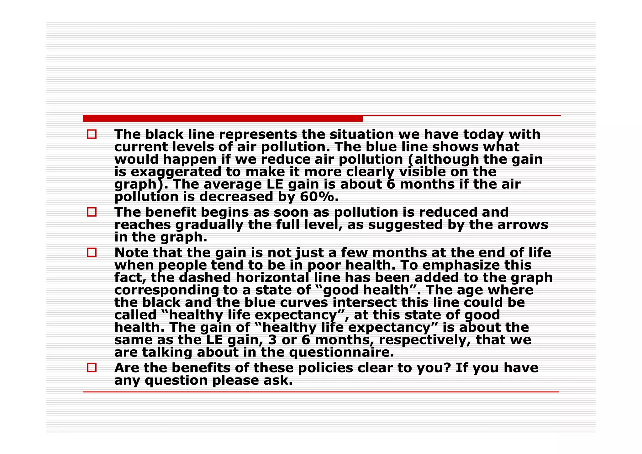 The black line represents the situation we have today with
current levels of air pollution. The blue line shows what
would happen if we reduce air pollution (although the gain
is exaggerated to make it more clearly visible on the
graph). The average LE gain is about 6 months if the air
pollution is decreased by 60%.
The benefit begins as soon as pollution is reduced and
reaches gradually the full level, as suggested by the arrows
in the graph.
Note that the gain is not just a few months at the end of life
when people tend to be in poor health. To emphasize this
fact, the dashed horizontal line has been added to the graph
corresponding to a state of “good health”. The age where
the black and the blue curves intersect this line could be
called “healthy life expectancy”, at this state of good
health. The gain of “healthy life expectancy” is about the
same as the LE gain, 3 or 6 months, respectively, that we
are talking about in the questionnaire.
Are the benefits of these policies clear to you? If you have
any question please ask.
 