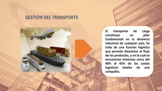 El transporte de carga
constituye un pilar
fundamental en la dinámica
industrial de cualquier país. Se
trata de una función logística
que permite dinamizar el flujo
de los productos, y en la cual se
encuentran inmersos cerca del
40% al 45% de los costos
logísticos totales de una
compañía.
GESTIÓN DEL TRANSPORTE
 