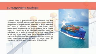 EL TRANSPORTE ACUÁTICO
Factores como la globalización de la economía, que han
alterado las flujos de mercancías en relación con sus ámbitos
geográficos de origen/destino, junto con la mayor demanda
de calidad y amplitud de servicios, han traído como
consecuencia la potenciación de los puertos en la cadena
logística. La importancia del transporte marítimo queda de
manifiesto por el hecho de que más del 90% del comercio de
la UE con otros países tiene lugar mediante transporte
marítimo. En el seno de la propia Unión, el comercio entre los
países miembros también se sirve en buena parte del
transporte marítimo que representa un 30% del total.
 