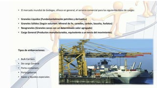 • El mercado mundial de bodegas, ofrece en general, el servicio comercial para los siguientes tipos de cargas:
• Graneles Líquidos (Fundamentalmente petróleo y derivados)
• Graneles Sólidos (Según volumen: Mineral de Fe, cereales, carbón, bauxita, fosfatos)
• Neograneles (Graneles secos con un determinado valor agregado)
• Carga General (Productos manufacturados, equivalente a un tercio del movimiento).
Tipos de embarcaciones:
• Bulk Carriers
• De carga General
• Porta containers
• Porta gabarras
• Gases y líquidos especiales
 