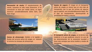 Renovación de stocks: El mantenimiento de
stocks, ocasiona un alto costo financiero. Si la
renovación se hace por medio aéreo, se logra
disminuir considerablemente dicho ítem, con
bajo riesgo.
Gastos de almacenaje: Debido a la rapidez y
fluidez del servicio aéreo de cargas, se reducen
al mínimo los tiempos de almacenaje.
El transporte aéreo de cargas, es la forma más
moderna a la que podemos recurrir, es uno de
los determinantes de la economía mundial y
tiene más ventajas que otros medios y modos de
transporte.
Gastos de seguro: El riesgo en el transporte
aéreo de cargas es menor que en otro tipo de
transportes, por lo que las primas de seguros
que se aplican, son considerablemente bajas. Por
el tipo de manipulación, disminuyendo la
posibilidad de daños y roturas.
 