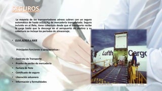 La mayoría de los transportadores aéreos cubren con un seguro
automático de hasta us$20/Kg de mercadería transportada. Seguro
incluido en el flete, tiene cobertura desde que el transporte recibe
la carga hasta que la descarga en el aeropuerto de destino y su
cobertura no incluye los períodos de almacenaje.
• GUIA AEREA o AWB
Principales funciones o características :
• Contrato de Transporte
• Prueba de recibo de mercadería
• Factura de flete
• Certificado de seguro
• Liberación aduanera
• Información y formalidades
 