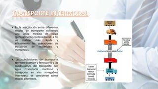 • Es la articulación entre diferentes
modos de transporte utilizando
una única medida de carga
(generalmente contenedores), a fin
de realizar más rápida y
eficazmente las operaciones de
trasbordo de materiales y
mercancías.
• Las subdivisiones del transporte
terrestre (camión y ferrocarril) y las
subdivisiones del transporte por
agua (transporte marítimo y
transporte en vías navegables
interiores), se consideran como
modos diferentes.
 