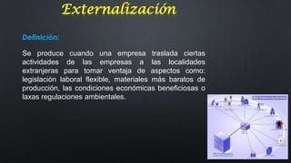 Externalización
Definición:
Se produce cuando una empresa traslada ciertas
actividades de las empresas a las localidades
extranjeras para tomar ventaja de aspectos como:
legislación laboral flexible, materiales más baratos de
producción, las condiciones económicas beneficiosas o
laxas regulaciones ambientales.

 