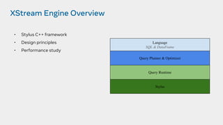 XStream Engine Overview
• Stylus C++ framework
• Design principles
• Performance study
Query Planner & Optimizer
Language
SQL & DataFrame
Query Runtime
Stylus
 
