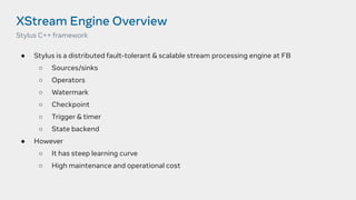 XStream Engine Overview
● Stylus is a distributed fault-tolerant & scalable stream processing engine at FB
○ Sources/sinks
○ Operators
○ Watermark
○ Checkpoint
○ Trigger & timer
○ State backend
● However
○ It has steep learning curve
○ High maintenance and operational cost
Stylus C++ framework
 