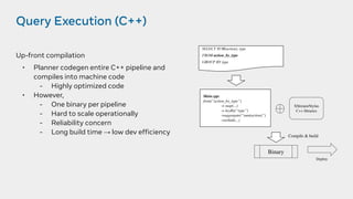Query Execution (C++)
Up-front compilation
• Planner codegen entire C++ pipeline and
compiles into machine code
- Highly optimized code
• However,
- One binary per pipeline
- Hard to scale operationally
- Reliability concern
- Long build time → low dev efficiency
SELECT SUM(action), type
FROM action_by_type
GROUP BY type
Main.cpp:
from(“action_by_type”)
-> map(...)
-> keyBy(“type”)
->aggregate(“sum(action)”)
->toSink(...)
XStream/Stylus
C++ libraries
Binary
Compile & build
Deploy
 