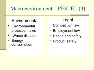 Macroenvironment – PESTEL (4) Environmental Environmental protection laws Waste disposal Energy consumption Legal Competition law Employment law Health and safety Product safety 