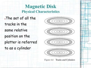 Magnetic Disk
Physical Characteristics
●The set of all the
tracks in the
same relative
position on the
platter is referred
to as a cylinder
 