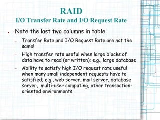 RAID
I/O Transfer Rate and I/O Request Rate
● Note the last two columns in table
– Transfer Rate and I/O Request Rate are not the
same!
– High transfer rate useful when large blocks of
data have to read (or written); e.g., large database
– Ability to satisfy high I/O request rate useful
when many small independent requests have to
satisfied; e.g., web server, mail server, database
server, multi-user computing, other transaction-
oriented environments
 