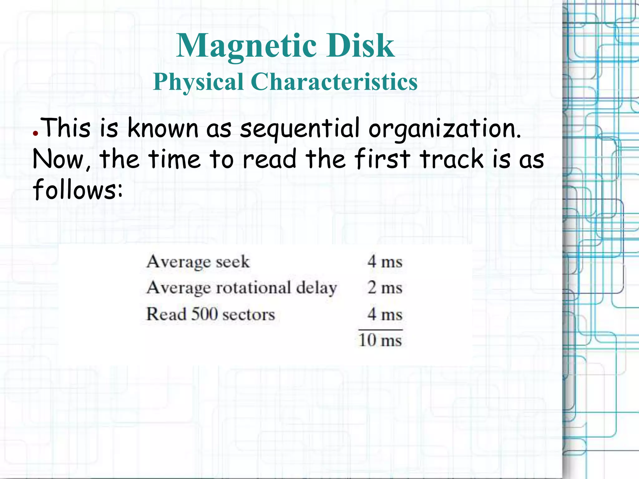 Magnetic Disk
Physical Characteristics
●This is known as sequential organization.
Now, the time to read the first track is as
follows:
 