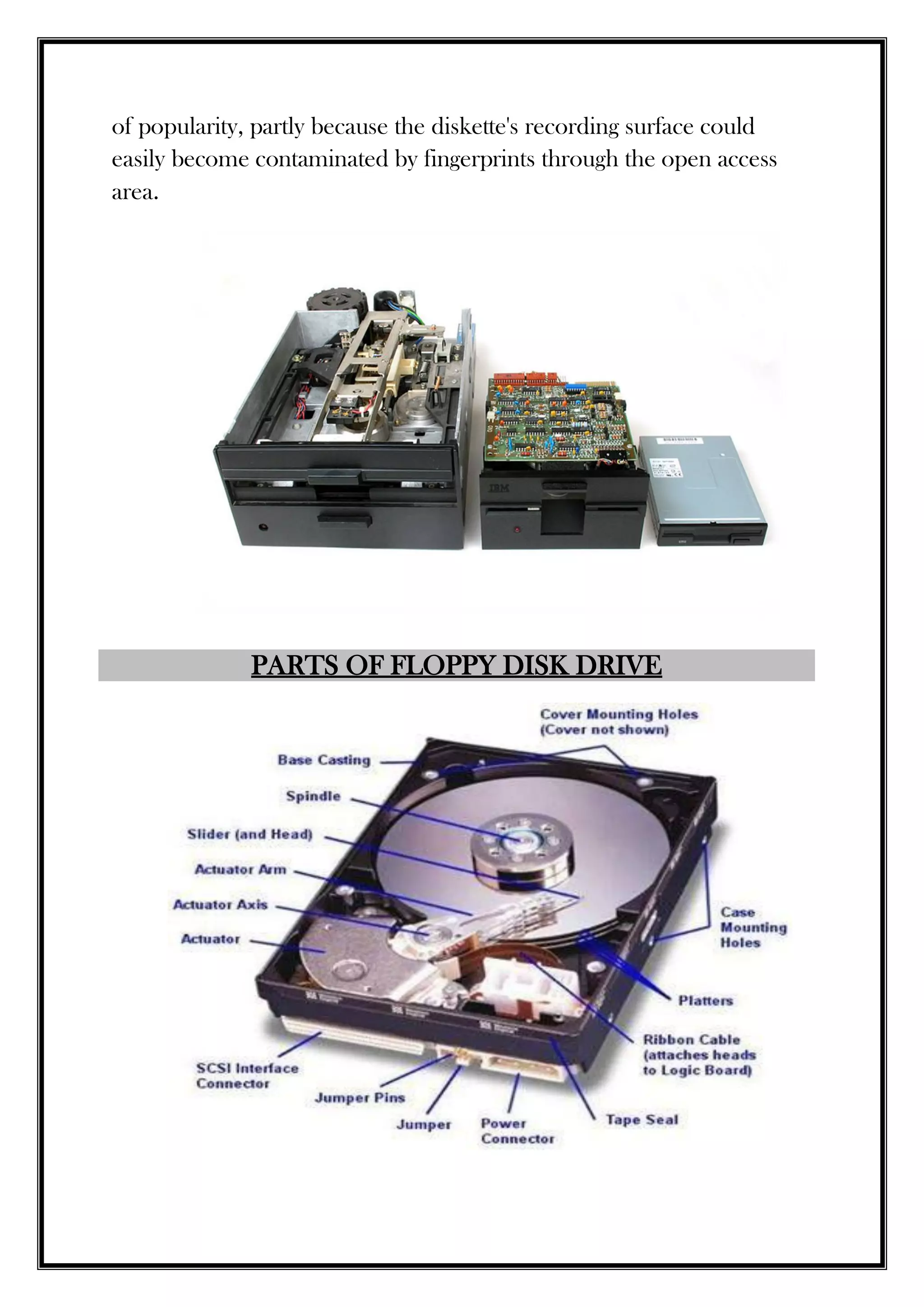 of popularity, partly because the diskette's recording surface could
easily become contaminated by fingerprints through the open access
area.
PARTS OF FLOPPY DISK DRIVE
 