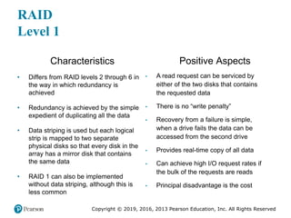 Copyright © 2019, 2016, 2013 Pearson Education, Inc. All Rights Reserved
RAID
Level 1
Characteristics
• Differs from RAID levels 2 through 6 in
the way in which redundancy is
achieved
• Redundancy is achieved by the simple
expedient of duplicating all the data
• Data striping is used but each logical
strip is mapped to two separate
physical disks so that every disk in the
array has a mirror disk that contains
the same data
• RAID 1 can also be implemented
without data striping, although this is
less common
Positive Aspects
• A read request can be serviced by
either of the two disks that contains
the requested data
• There is no “write penalty”
• Recovery from a failure is simple,
when a drive fails the data can be
accessed from the second drive
• Provides real-time copy of all data
• Can achieve high I/O request rates if
the bulk of the requests are reads
• Principal disadvantage is the cost
 