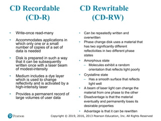 Copyright © 2019, 2016, 2013 Pearson Education, Inc. All Rights Reserved
CD Recordable CD Rewritable
(CD-R) (CD-RW)
• Write-once read-many
• Accommodates applications in
which only one or a small
number of copies of a set of
data is needed
• Disk is prepared in such a way
that it can be subsequently
written once with a laser beam
of modest-intensity
• Medium includes a dye layer
which is used to change
reflectivity and is activated by a
high-intensity laser
• Provides a permanent record of
large volumes of user data
• Can be repeatedly written and
overwritten
• Phase change disk uses a material that
has two significantly different
reflectivities in two different phase
states
• Amorphous state
– Molecules exhibit a random
orientation that reflects light poorly
• Crystalline state
– Has a smooth surface that reflects
light well
• A beam of laser light can change the
material from one phase to the other
• Disadvantage is that the material
eventually and permanently loses its
desirable properties
• Advantage is that it can be rewritten
 