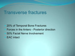 Transverse fractures20% of Temporal Bone Fractures Forces in the Antero - Posterior direction50% Facial Nerve Involvement EAC intact