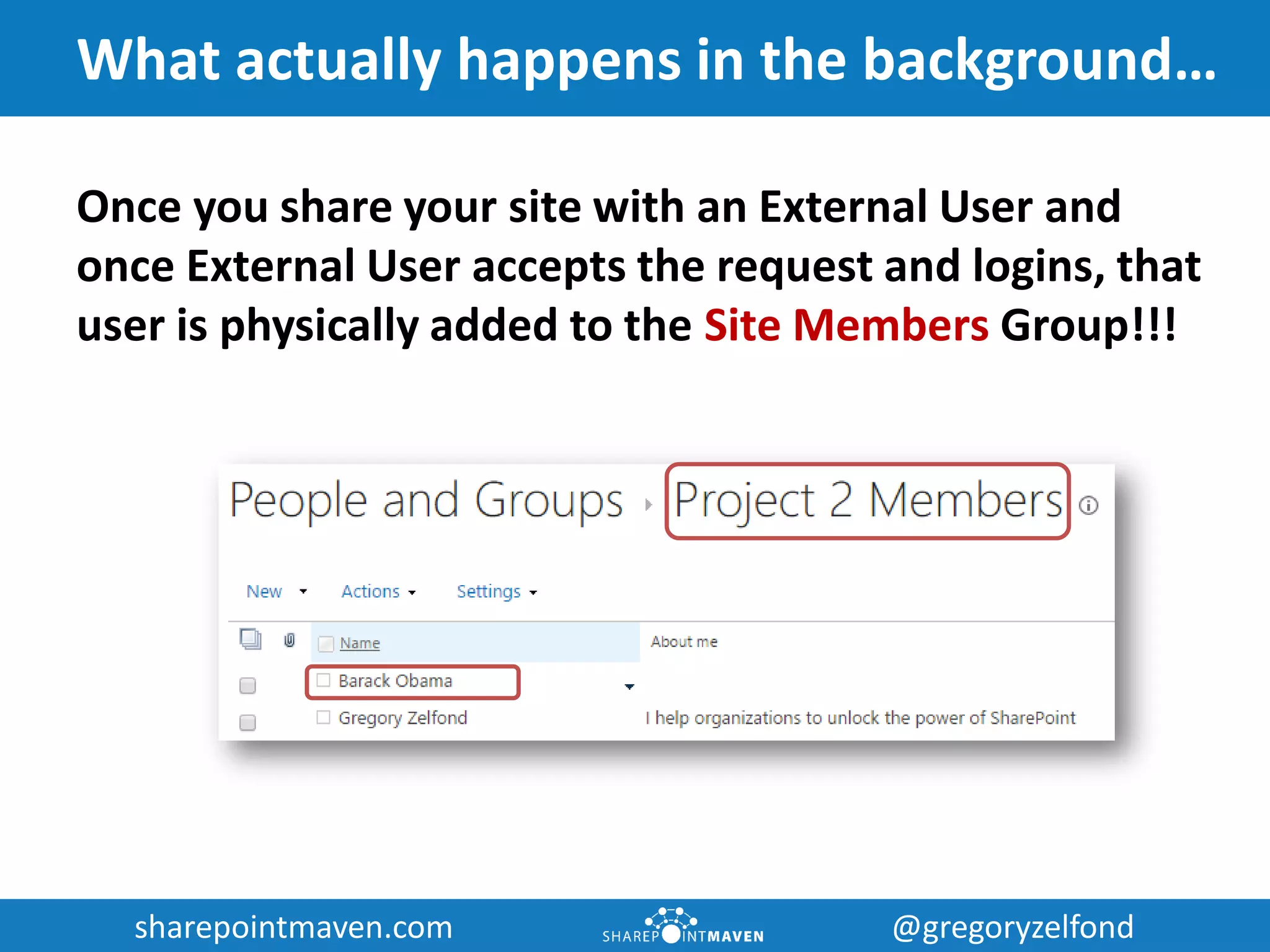 sharepointmaven.com @gregoryzelfondsharepointmaven.com @gregoryzelfond
What actually happens in the background…
Once you share your site with an External User and
once External User accepts the request and logins, that
user is physically added to the Site Members Group!!!
 