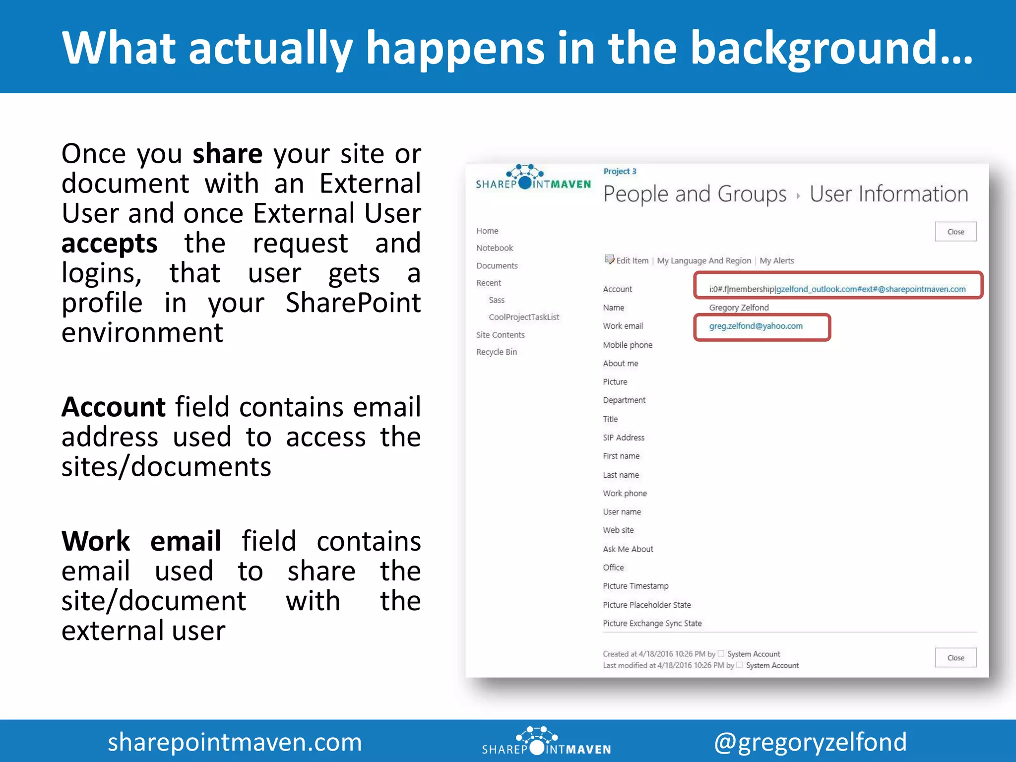 sharepointmaven.com @gregoryzelfondsharepointmaven.com @gregoryzelfond
What actually happens in the background…
Once you share your site or
document with an External
User and once External User
accepts the request and
logins, that user gets a
profile in your SharePoint
environment
Account field contains email
address used to access the
sites/documents
Work email field contains
email used to share the
site/document with the
external user
 