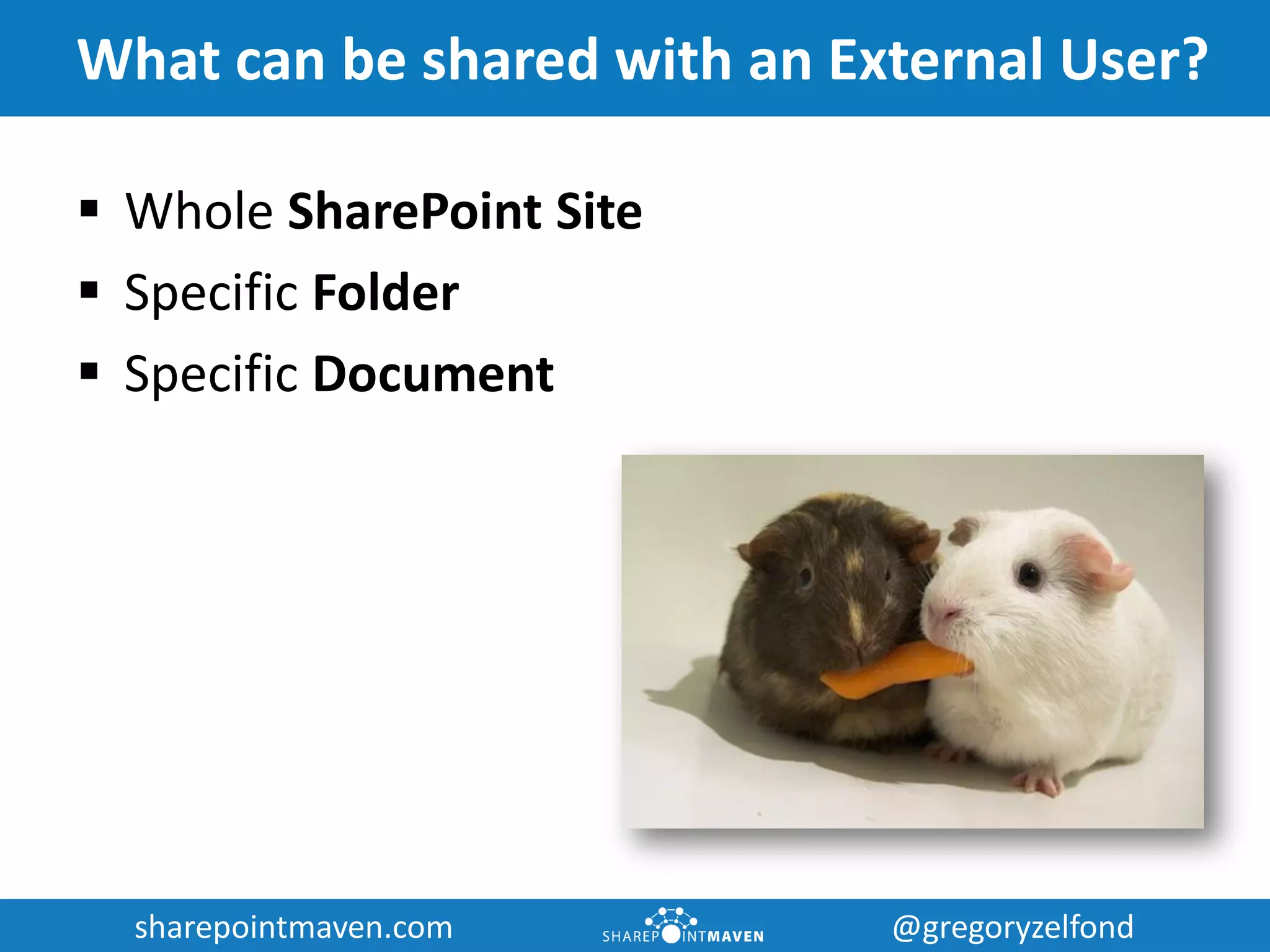 sharepointmaven.com @gregoryzelfondsharepointmaven.com @gregoryzelfond
What can be shared with an External User?
 Whole SharePoint Site
 Specific Folder
 Specific Document
 
