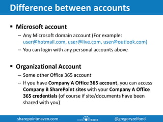 sharepointmaven.com @gregoryzelfondsharepointmaven.com @gregoryzelfond
Difference between accounts
 Microsoft account
– Any Microsoft domain account (For example:
user@hotmail.com, user@live.com, user@outlook.com)
– You can login with any personal accounts above
 Organizational Account
– Some other Office 365 account
– If you have Company A Office 365 account, you can access
Company B SharePoint sites with your Company A Office
365 credentials (of course if site/documents have been
shared with you)
 