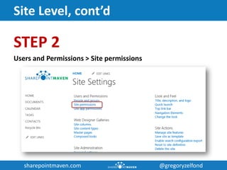 sharepointmaven.com @gregoryzelfondsharepointmaven.com @gregoryzelfond
Site Level, cont’d
STEP 2
Users and Permissions > Site permissions
 
