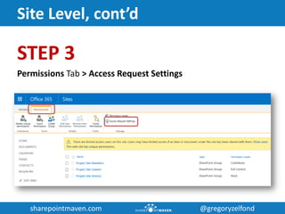 sharepointmaven.com @gregoryzelfondsharepointmaven.com @gregoryzelfond
Site Level, cont’d
STEP 3
Permissions Tab > Access Request Settings
 