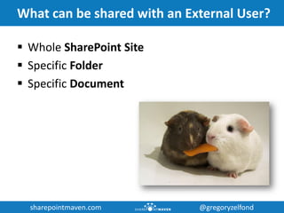 sharepointmaven.com @gregoryzelfondsharepointmaven.com @gregoryzelfond
What can be shared with an External User?
 Whole SharePoint Site
 Specific Folder
 Specific Document
 