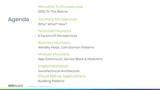 Conﬁdential │ © 2020 VMware, Inc.
Agenda
2
Monoliths To Microservices
DDD To The Rescue
Too Many Microservices
Why? What? How?
Technical Heuristics
6 Factors Of Microservices
Business Heuristics
Wardley Maps, Core Domain Patterns
Modular Monoliths
App Continuum, Service Block & Moduliths
Implementation
SocioTechnical Architecture
Cloud Native Applications
Building Patterns
 