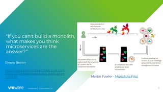 30Conﬁdential │ © 2020 VMware, Inc.
Simon Brown
“If you can't build a monolith,
what makes you think
microservices are the
answer?”
http://www.codingthearchitecture.com
/2014/07/06/distributed_big_balls_of_m
ud.html Martin Fowler - Monoliths First
 