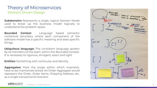 Conﬁdential │ © 2020 VMware, Inc. 8
Theory of Microservices
Domain Driven Design
Subdomains Represents a single, logical Domain Model
used to break up the business model logically to
understand the problem space.
Bounded Context : Language based semantic
contextual boundary where each component of the
software model has a speciﬁc meaning and does speciﬁc
things.
Ubiquitous language: The consistent language spoken
by all members of the team within the Bounded Context.
It is necessary to rigorous, stringent, exact and tight.
Entities: Something with continuity and identity.
Aggregates: Mark the scope within which invariants
have to be maintained stored. An Order Aggregate would
represent the Order, Order Items, Shipping Address, etc.
as a single transactional invariant.
 