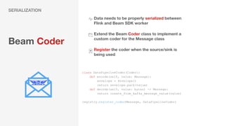 Beam Coder
SERIALIZATION
Data needs to be properly serialized between
Flink and Beam SDK worker
Extend the Beam Coder clas...