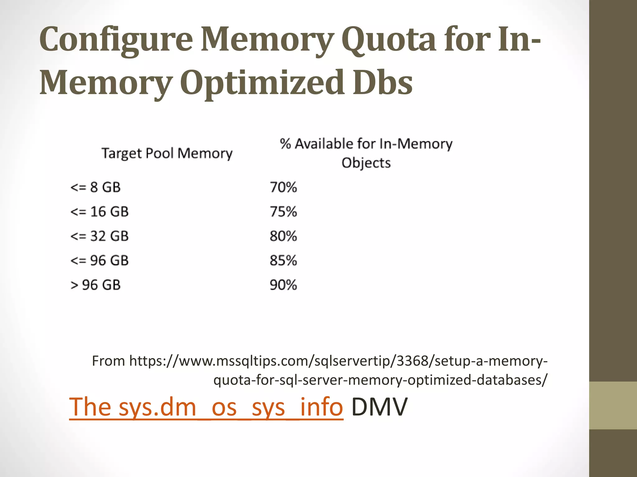 Configure Memory Quota for In-
Memory Optimized Dbs
From https://www.mssqltips.com/sqlservertip/3368/setup-a-memory-
quota-for-sql-server-memory-optimized-databases/
The sys.dm_os_sys_info DMV
 