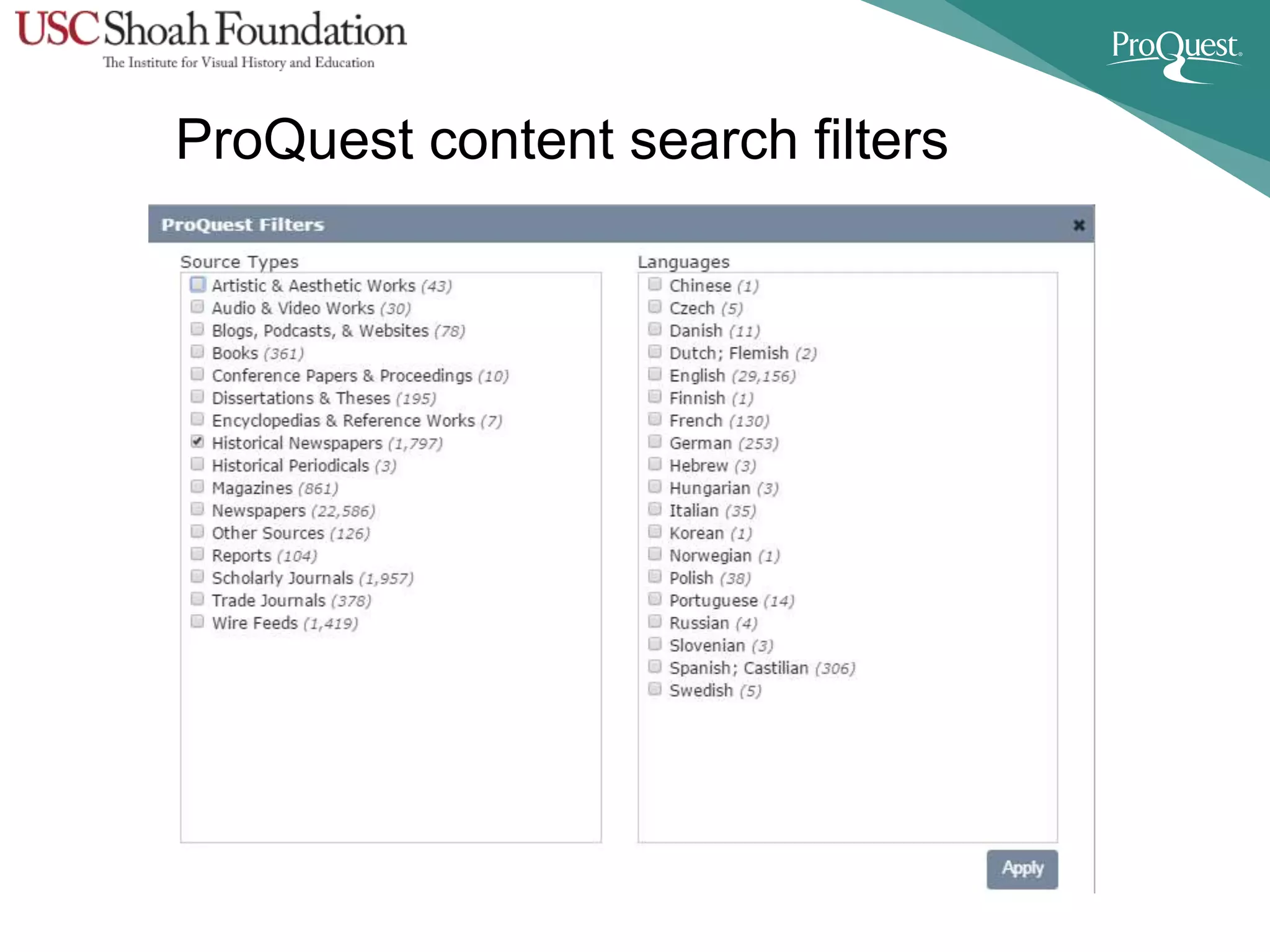 ProQuest content search filters
 