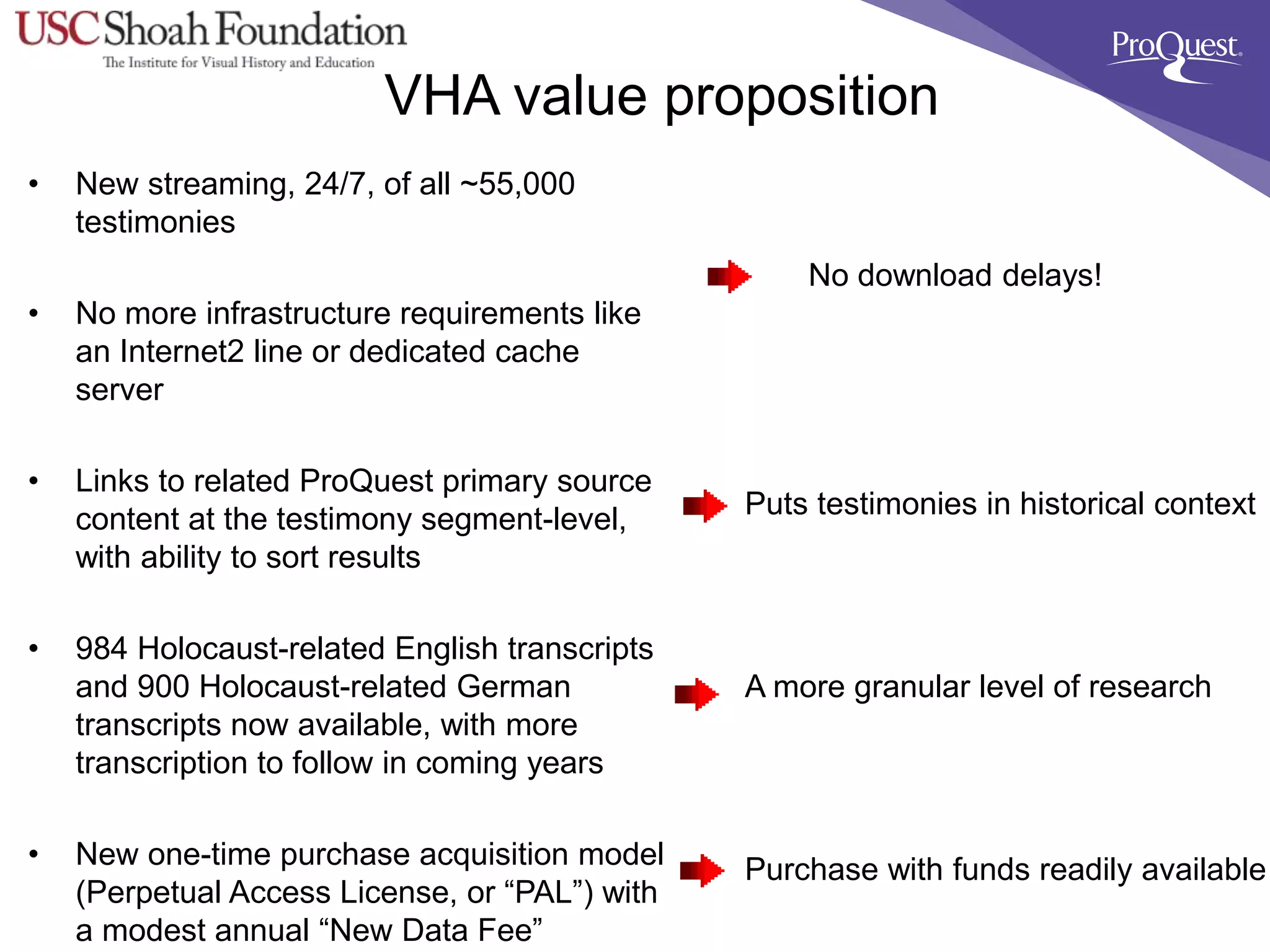 VHA value proposition
• New streaming, 24/7, of all ~55,000
testimonies
• No more infrastructure requirements like
an Internet2 line or dedicated cache
server
• Links to related ProQuest primary source
content at the testimony segment-level,
with ability to sort results
• 984 Holocaust-related English transcripts
and 900 Holocaust-related German
transcripts now available, with more
transcription to follow in coming years
• New one-time purchase acquisition model
(Perpetual Access License, or “PAL”) with
a modest annual “New Data Fee”
No download delays!
Puts testimonies in historical context
A more granular level of research
Purchase with funds readily available
 