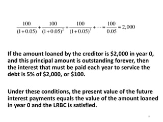 If the amount loaned by the creditor is $2,000 in year 0,
and this principal amount is outstanding forever, then
the interest that must be paid each year to service the
debt is 5% of $2,000, or $100.
Under these conditions, the present value of the future
interest payments equals the value of the amount loaned
in year 0 and the LRBC is satisfied.
26
 