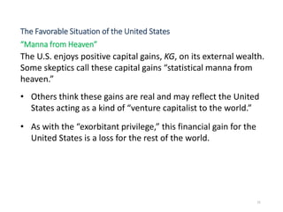“Manna from Heaven”
The U.S. enjoys positive capital gains, KG, on its external wealth.
Some skeptics call these capital gains “statistical manna from
heaven.”
• Others think these gains are real and may reflect the United
States acting as a kind of “venture capitalist to the world.”
• As with the “exorbitant privilege,” this financial gain for the
United States is a loss for the rest of the world.
31
The Favorable Situation of the United States
 