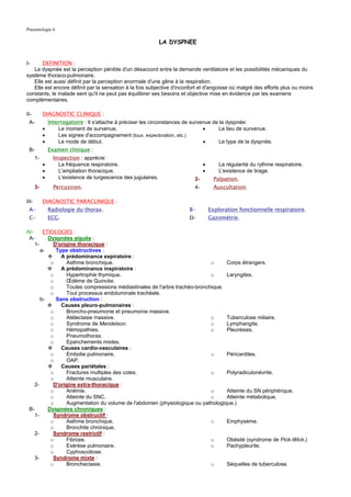 Pneumologie 6

                                                                 LA DYSPNEE


I-     DEFINITION :
   La dyspnée est la perception pénible d'un désaccord entre la demande ventilatoire et les possibilités mécaniques du
système thoraco-pulmonaire.
   Elle est aussi définit par la perception anormale d'une gêne à la respiration.
   Elle est encore définit par la sensation à la fois subjective d'inconfort et d'angoisse où malgré des efforts plus ou moins
constants, le malade sent qu'il ne peut pas équilibrer ses besoins et objective mise en évidence par les examens
complémentaires.

II-         DIAGNOSTIC CLINIQUE :
 A-             Interrogatoire : Il s'attache à préciser les circonstances de survenue de la dyspnée:
            •       Le moment de survenue.                                         •      Le lieu de survenue.
            •       Les signes d'accompagnement (toux, expectoration, etc.)
            •       Le mode de début.                                              •      Le type de la dyspnée.
 B-             Examen clinique :
       1-         Inspection : apprécie:
            •       La fréquence respiratoire.                                     •       La régularité du rythme respiratoire.
            •       L'ampliation thoracique.                                       •       L'existence de tirage.
            •       L'existence de turgescence des jugulaires.                2-         Palpation.
       3-         Percussion.                                                 4-         Auscultation.

III-        DIAGNOSTIC PARACLINIQUE :
 A-             Radiologie du thorax.                                       B-         Exploration fonctionnelle respiratoire.
 C-             ECG.                                                        D-         Gazométrie.

IV-     ETIOLOGIES :
 A-       Dyspnées aiguës :
    1-      D'origine thoracique :
       a-    Type obstructives :
               A prédominance expiratoire :
           o     Asthme bronchique.                                         o     Corps étrangers.
               A prédominance inspiratoire :
           o     Hypertrophie thymique.                                     o     Laryngites.
           o     Œdème de Quincke.
           o     Toutes compressions médiastinales de l'arbre trachéo-bronchique.
           o     Tout processus endoluminale trachéale.
       b-    Sans obstruction :
               Causes pleuro-pulmonaires :
           o     Broncho-pneumonie et pneumonie massive.
           o     Atélectasie massive.                                       o     Tuberculose miliaire.
           o     Syndrome de Mendelson.                                     o     Lymphangite.
           o     Hémopathies.                                               o     Pleurésies.
           o     Pneumothorax.
           o     Epanchements mixtes.
               Causes cardio-vasculaires :
           o     Embolie pulmonaire.                                        o     Péricardites.
           o     OAP.
               Causes pariétales :
           o     Fractures multiples des cotes.                             o     Polyradiculonévrite.
           o     Atteinte musculaire.
    2-      D'origine extra-thoracique :
           o     Anémie.                                                    o     Atteinte du SN périphérique.
           o     Atteinte du SNC.                                           o     Atteinte métabolique.
           o     Augmentation du volume de l'abdomen (physiologique ou pathologique.)
 B-       Dyspnées chroniques :
    1-      Syndrome obstructif :
           o     Asthme bronchique.                                         o     Emphysème.
           o     Bronchite chronique.
    2-      Syndrome restrictif :
           o     Fibrose.                                                   o     Obésité (syndrome de Pick-Wick.)
           o     Exérèse pulmonaire.                                        o     Pachypleurite.
           o     Cyphoscoliose.
    3-      Syndrome mixte :
           o     Bronchectasie.                                             o     Séquelles de tuberculose.
 