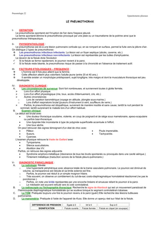 Pneumologie 22
                                                                                                                   Epanchements pleuraux

                                                     LE PNEUMOTHORAX


I-    DEFINITION :
   Le pneumothorax spontané est l'irruption de l'air dans l'espace pleural.
   Le terme spontané élimine le pneumothorax provoqué par une plaie ou un traumatisme de la poitrine ainsi que le
pneumothorax thérapeutique.

II-   PHYSIOPATHOLOGIE :
   Le pneumothorax est dû à une lésion pulmonaire corticale qui, en se rompant en surface, permet la fuite vers la plèvre d'air.
On distingue 2 types de pneumothorax:
      Les pneumothorax infectieux infectants: La lésion est un foyer septique (abcès, caverne, etc.)
      Les pneumothorax infectieux non-infectants: La lésion est représentée par les bulles d'emphysème.
   Le devenir de la fistule dicte l'évolution
      Si la fistule se ferme rapidement, le poumon revient à la paroi.
      Si la fistule reste béante, le pneumothorax risque de passer à la chronicité en l'absence de traitement actif.

III-     FACTEURS ETIOLOGIQUES – FREQUENCE :
           L'homme est 9 fois plus atteint que la femme.
           Cette affection atteint plus volontiers l'adulte jeune (entre 20 et 40 ans.)
           Il semble exister un morphotype prédisposant, sujet longiligne, très maigre et dont la musculature thoracique est peu
       développée.

IV-    DIAGNOSTIC CLINIQUE :
 A.       Les circonstances de survenue: Sont fort nombreuses, et surviennent toutes à glotte fermée.
            Lors d'un effort physique.
            Lors d'un effort physiologique (rire, toux, accès d'éternuement, cris, etc.)
            Autres circonstances
      o       Lors de variation barométrique (voyage en altitude, plongée sous-marine.)
      o       Lors d'effort respiratoire brutal (joueurs d'instrument à vent, souffleurs de verre.)
            Parfois, le pneumothorax est idiopathique, survenant de manière insolite et sans cause, tantôt la nuit pendant le
         sommeil, tantôt surprenant le malade lors d'un effort habituel.
 B.       Examen clinique:
    Le début est brutal avec
       •      Une douleur thoracique soudaine, violente, en coup de poignard et de siège sous mamelonaire, apexo-scapulaire
            ou parfois basi-thoracique.
       •      Une dyspnée très inconstante à type de polypnée superficielle accentuée à l'effort.
       •      Une toux sèche.
      On peut retrouver des signes témoignant d'un état de choc avec
       •      Pâleur.                                                          •       Pouls imprenable.
       •      Sueurs.                                                          •       Tachycardie.
       •      Cyanose.
    L'examen physique retrouve la triade de Gaillard avec
       •      Tympanisme.
       •      Silence auscultatoire.
       •      Abolition des VV.
      Parfois, on retrouve des signes adjuvants
       •      Syndrome amphoro-métallique (résonance de tous les bruits spontanés ou provoqués dans une cavité aérique.)
       •      Tintement métallique (traduction sonore de la fistule pleuro-pulmonaire.)

V-    DIAGNOSTIC PARACLINIQUE :
 A.     La radiologie: Révèle
      o     Une hyperclarté périphérique avec absence totale de la trame vasculaire pulmonaire. Le poumon est diminué de
         volume, sa transparence est réduite et sa limite externe est fine.
      o     Parfois, le poumon est réduit à un simple moignon hilaire.
      o     Très souvent, on observe un comblement du cul-de-sac costo-diaphragmatique homolatéral réactionnel (ne pas le
         ponctionner.)
      o     Parfois, on note une bride représentée par une encoche linéaire et sinueuse reliant le poumon à la paroi.
      o     Le médiastin est souvent refoulé vers le coté controlatéral.
 B.     La radioscopie ou l'échographie thoracique: Recherche le signe de Kienbock qui est un mouvement paradoxal de
    l'hémicoupole diaphragmatique homolatérale qui se soulève lorsque le segment controlatéral s'abaisse.
 C.     La TDM: Pratiquée toujours une fois le poumon revenu à la paroi (guéri) Elle recherche des lésions bulleuses
    pulmonaires.
 D.     La manométrie: Pratiquée à l'aide de l'appareil de Kuss. Elle donne un aperçu réel sur l'état de la fistule.

                     DIFFERENCE DE PRESSION           Egale à 0         Inf à 0                  Sup à 0
                           SIGNIFICATION           Fistule ouverte   Fistule fermée   Fistule en clapet (en soupape)
 