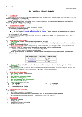 Pneumologie 24
                                                                                                              Epanchements pleuraux

                                           LES PLEURESIES HEMORRAGIQUES


I-       DEFINITION :
    L'épanchement hémorragique est caractérisé par l'aspect rosé ou franchement rouge du liquide pleural contenant un grand
nombre d'hématies plus ou moins lysées.
    L'incoagulabilité du liquide est de règle.
    Il atteint moins fréquemment l'homme que les PSF. En plus, il ne donne aucune orientation étiologique. Il est rare chez
l'enfant et augmente en fréquence avec l'age.

II-   DIAGNOSTIC CLINIQUE :
   L'épanchement hémorragique n'a pas de particularité clinique.
   Les signes fonctionnels peuvent être
      ➨      Stéréotypés avec dyspnée progressive et parfois douleurs vives.
      ➨      Ou sous forme d'un épisode respiratoire aigu ou subaigu. C'est le tableau de pleurésie à frigoré ou d'infarctus
          pleuro-pulmonaire.
   Les signes généraux sont variables.
   Les signes physiques sont analogues à ceux de la pleurésie séro-fibrineuse "PSF" avec un syndrome anémique plus ou
moins important.

III-  DIAGNOSTIC PARACLINIQUE :
  A.     La radiologie: Son seul intérêt est de révéler les lésions associées.
  B.     La TDM: Permet une mesure millimétrique de la plèvre et peut différentier le liquide de la masse tumorale, des lésions
    fibreuses et des plaques calcaires.
 C.      La ponction pleurale: ramène un liquide rouge foncé, brun noirâtre ou du sang pur dont la teinte est uniforme. La
    coloration du liquide est fonction de la concentration en hématies et du taux de bilirubine. Ainsi
           Plus de 10.000 GR/mm3, le liquide est dit séro-hématique "SH"
                                     3
           Plus de 100.000 GR/mm , le liquide est dit sanglant.
         Après un certain temps, les hématies se lysent et libèrent l'Hémoglobine qui donne des pigments biliaires et de la
    bilirubine libre.

                                       ASPECT DU LIQUIDE      TAUX MOYEN D'HEMOGLOBINE
                                           Séro-fibrineux                6.66 mg/L
                                          Séro-hématique                  13 mg/L
                                           Hémorragique                  38.5 mg/L

 D.         La biopsie: Elle doit être faite en dehors d'un syndrome hémorragique, de traitement anticoagulant ou d'un état
         général gravataire.
 E.         La pleuroscopie: Elle est indiquée dans ce type d'épanchement car elle permet de visualiser la poche pleurale ainsi
         que d'y effectuer des prélèvements biopsiques et d'y pratiquer une thermo-coagulation.

IV-       DIAGNOSTIC ETIOLOGIQUE :
 A.         Les cancers, primitifs ou secondaires.
 B.         La tuberculose.
 C.         Les affections cardio-vasculaires.
 D.         L'infarctus cortico-pleural.
 E.         Les pleurésies d'origine pancréatiques.
 F.         Les pleurésies infectieuses.
 G.         Autres causes, essentiellement:
               Les cirrhoses.                                                       La sarcoïdose.
               Les collagénoses.                                                    L'endométriose.
               La polyglobulie de Vaquez.

V-        DIAGNOSTIC DIFFERENTIEL :
       Se fait avec
             Les piqûres vasculaires intercostales.
             La transformation hémorragique d'un épanchement citrin par ponctions traumatiques répétées.
             L'hémothorax, définit par la présence de 1 ou de plusieurs millions de GR/mm3.

VI-       TRAITEMENT :
            Evacuation du liquide.
            Lavage pleural.
            Aspiration continue ou discontinue.
            Traitement de la cause.
 