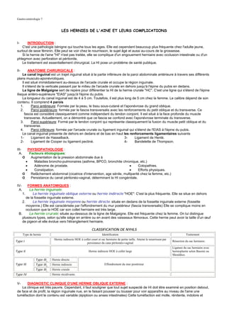 Gastro-entérologie 7


                                    LES HERNIES DE L'AINE ET LEURS COMPLICATIONS


 I-     INTRODUCTION :
    C'est une pathologie bénigne qui touche tous les ages. Elle est cependant beaucoup plus fréquente chez l'adulte jeune,
 surtout de sexe féminin. Elle peut se voir chez le nourrisson, le sujet âgé et aussi au-cours de la grossesse.
    Si la hernie de l'aine "HI" n'est pas traitée, elle se complique d'un engouement herniaire avec occlusion intestinale ou d'un
 phlegmon avec perforation et péritonite.
    Le traitement est essentiellement chirurgical. La HI pose un problème de santé publique.

 II-       ANATOMIE CHIRURGICALE :
      Le canal inguinal est un trajet inguinal situé à la partie inférieure de la paroi abdominale antérieure à travers ses différents
 plans musculo-aponévrotiques.
      Il est situé immédiatement au-dessus de l'arcade crurale et occupe la région inguinale.
      Il s'étend de la verticale passant par le milieu de l'arcade crurale en dehors jusqu'à l'épine du pubis en dedans.
      La ligne de Malgaigne sert de repère pour différentier la HI de la hernie crurale "HC". C'est une ligne qui s'étend de l'épine
 iliaque antéro-supérieure "EIAS" jusqu'à l'épine du pubis.
      La longueur du canal inguinal est de 4 à 5 cm. Toutefois, il est plus long de 5 cm chez la femme. Le calibre dépend de son
 contenu. Il comprend 4 parois
     1.      Paroi antérieure: Formée par la peau, le tissu sous-cutané et l'aponévrose du grand oblique.
     2.      Paroi postérieure: formée par le fascia transversalis avec les renforcements du petit oblique et du transverse. Ce
        fascia est considéré classiquement comme indépendant du tendon conjoint. Il est situé à la face profonde du muscle
        transverse. Actuellement, on a démontré que ce fascia se confond avec l'aponévrose terminale du transverse.
     3.      Paroi supérieure: Formé par le tendon conjoint qui représente classiquement la fusion du muscle petit oblique et du
        transverse.
     4.      Paroi inférieure: formée par l'arcade crurale ou ligament inguinal qui s'étend de l'EIAS à l'épine du pubis.
      Le canal inguinal présente de dehors en dedans et de bas en haut les renforcements ligamentaires suivants
     1-      Ligament de Hasselback.                                         3-     Ligament de Henlé.
     2-      Ligament de Cooper ou ligament pectiné.                         4-     Bandelette de Thompson.

 III-       PHYSIOPATHOLOGIE :
   A.        Facteurs étiologiques:
        ➲     Augmentation de la pression abdominale due à
          •     Maladies broncho-pulmonaires (asthme, BPCO, bronchite chronique, etc.)
          •     Adénome de prostate.                                           •     Colopathies.
          •     Constipation.                                                  •     Efforts physiques.
        ➲     Relâchement abdominal (cicatrice d'intervention, age sénile, multiparité chez la femme, etc.)
        ➲     Persistance du canal péritonéo-vaginal, déterminant la HI congénitale.

 IV-     FORMES ANATOMIQUES :
  A.      La hernie inguinale:
     1.      La hernie inguinale oblique externe ou hernie indirecte "HOE": C'est la plus fréquente. Elle se situe en dehors
        de la fossette inguinale externe.
     2.      La hernie inguinale moyenne ou hernie directe: située en dedans de la fossette inguinale externe (fossette
        moyenne.) Elle est caractérisée par l'effondrement du mur postérieur (fascia transversalis) Elle se complique moins en
        occlusion que la HOE car son collet herniaire est très large.
  B.      La hernie crurale: située au-dessous de la ligne de Malgaigne. Elle est fréquente chez la femme. On lui distingue
     plusieurs types, selon qu'elle siége en arrière ou en avant des vaisseaux fémoraux. Cette hernie peut avoir la taille d'un œuf
     de pigeon et elle évolue vers l'étranglement herniaire.

                                                              CLASSIFICATION DE NYHLS
        Type de hernie                                                Identification                                                        Traitement
                              Hernie indirecte HOE à collet court et sac herniaire de petite taille. Atteint le nourrisson par
Type I                                                                                                                           Résection du sac herniaire.
                                                        persistance du cana péritonéo-vaginal
                                                                                                                                 Ligature du sac herniaire avec
Type II                                                    Hernie indirecte HOE à collet large                                   hernioplastie selon Bassini ou
                                                                                                                                 Shouldice.
                 Type IIIA   Hernie directe
Type III         Type IIIB   Hernie indirecte                            Effondrement du mur postérieur
                 Type IIIC   Hernie crurale
Type IV                      Hernie récidivante.


 V-     DIAGNOSTIC CLINIQUE D'UNE HERNIE OBLIQUE EXTERNE :
    La clinique est très pauvre. Cependant, il faut souligner que tout sujet suspecté de HI doit être examiné en position debout,
 de face et de profil, la région inguinale nue, en le faisant pousser ou tousser pour voir apparaître au niveau de l'aine une
 tuméfaction dont le contenu est variable (épiploon ou anses intestinales) Cette tuméfaction est molle, rénitente, indolore et
 