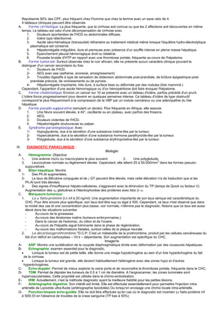 Représente 90% des CPF, plus fréquent chez l'homme que chez la femme avec un sexe ratio de 4.
    4 tableaux cliniques peuvent être observés
 A.      Forme cirrhotique: La plus fréquente, que la cirrhose soit connue ou que les 2 affections soit découvertes en même
    temps. Le tableau est celui d'une décompensation de cirrhose avec
        1.     Douleurs spontanées de l'HCD ou abdominales diffuses.
        2.     Ictère type rétentionnel.
        3.     Ascite séro-hématique (transsudat) réfractaire au traitement médical même lorsque l'équilibre hydro-électrolytique
           plasmatique est conservé.
        4.     Hépatomégalie irrégulière, dure et pierreuse avec présence d'un souffle intense en pleine masse hépatique.
        5.     Epanchement pleural hémorragique droit ou bilatéral.
        6.     Poussée brutale d'HTP en rapport avec une thrombose portale, fréquente au-cours de l'hépatome.
 B.      Forme tumorale: Surtout observée chez le noir africain, elle ne présente aucun caractère clinique pouvant la
    distinguer d'un cancer secondaire du foie.
        1-     Douleurs de l'HCD.
        2-     AEG avec aaa (asthénie, anorexie, amaigrissement)
        3-     Troubles digestifs à type de sensation de distension abdominale post-prandiale, de brûlure épigastrique post-
           prandiale précoce, de vomissements ou de pyrosis.
        4-     Hépatomégalie importante, très dure, à surface lisse ou déformée par des nodules (foie maronné.)
    Cependant, l'apparition d'une ascite hémorragique ou d'un hémopéritoine doit faire évoquer l'hépatome.
 C.      Forme choléstatique: Environ un cancer sur 10 se présente avec un tableau d'ictère, parfois précédé d'un prurit.
    L'ictère fonce progressivement pour devenir en quelques semaines intense. Ce tableau d'ictère de type obstructif
    correspond le plus fréquemment à la compression de la VBP par un nodule cancéreux ou une adénopathie du hile
    hépatique.
 D.      Forme pseudo-suppurative (simulant un abcès): Plus fréquente en Afrique, elle associe
        1.     Une fièvre souvent élevée, à 40°, oscillante ou en plateau, avec parfois des frissons.
        2.     AEG.
        3.     Douleurs violentes de l'HCD.
        4.     Hépatomégalie douloureuse au palper.
 E.      Syndrome paranéoplasique: Avec
        1-     Hypoglycémie, due à la sécrétion d'une substance insline-like par la tumeur.
        2-     Hypercalcémie, due à la sécrétion d'une substance hormone parathyroïde-like par la tumeur.
        3-     Polyglobulie, due à la sécrétion d'une substance érythropoïetine-like par la tumeur.

III.   DIAGNOSTIC PARACLINIQUE :
                                                                  Biologie
 A.       Hémogramme: Objective
    1.       Une anémie micro ou macrocytaire le plus souvent.               2.     Une polyglobulie.
    3.       Leucocytose normale ou légèrement élevée. Cependant; elle atteint 25 à 50.000/mm3 dans les formes pseudo-
       suppuratives.
 B.       Bilan hépatique: Montre
    1-       Des Ph.Al augmentées.
    2-       Le taux de Bilirubine conjuguée et de γ GT peuvent être élevés, mais cette élévation n'a de traduction que si les
       Ph.Al sont très élevées.
    3-       Des signes d'insuffisance hépato-cellulaires, s'aggravant avec la diminution du TP (temps de Quick ou facteur V)
       Augmentation des α2 globulines à l'électrophorèse des protéines avec bloc β−α.
 C.       Marqueurs tumoraux:
    1.       La α fœto-protéine (t.n inf à 20 ng/ml): Une augmentation importante de son taux sérique est caractéristique du
       CHC. Pour être encore plus spécifique, son taux doit être sup ou égal à 500. Cependant, ce taux n'est observé que dans
       la moitié des cas et une concentration plus basse, voir normale, n'élimine pas le diagnostic. Notons que ce taux est aussi
       élevé dans les situations suivantes
       -       Au-cours de la grossesse.
       -       Au-cours des tératomes malins (tumeurs embryonnaires.)
       -       Dans le cancer de l'estomac, du côlon et de l'ovaire.
       -       Au-cours de l'hépatite aiguë fulminante dans la phase de régénération.
       -       Au-cours des malformations fœtales, surtout celles de la plaque neurale.
    2.       La décarboxyprothrombine "D.C.P: C'est un métabolite de la prothrombine, produit par les cellules cancéreuses du
       fait d'un déficit en carboxylase – Vit k – dépendante. Son augmentation est spécifique du CHC.
                                                                 Imagerie
 A-       ASP: Montre une surélévation de la coupole diaphragmatique droite avec déformation par des voussures hépatiques.
 B-       Echographie: examen essentiel pour le diagnostic.
    •        Lorsque la tumeur est de petite taille, elle donne une image hypoéchogène au sein d'un foie hyperéchogène du fait
      de la cirrhose.
    •        Lorsque la tumeur est grande, elle devient habituellement hétérogène avec des zones hypo et d'autres
      hyperéchogènes.
 C-       Echo-doppler: Permet de mieux explorer la veine porte et de reconnaître la thrombose portale, fréquente dans le CHC.
 D-       TDM: Permet de dépister les tumeurs de 0.5 à 1 cm de diamètre. A l'angioscanner, les zones tumorales sont
    hypervascularisées. Cette propriété est utilisée dans la chimio-embolisation.
 E-       IRM: Actuellement, c'est la méthode diagnostic ayant la meilleure fiabilité pour les petites lésions.
 F-       Artériographie digestive: Son intérêt est limité. Elle est effectuée essentiellement pour permettre l'injection intra-
    artérielle de Lipiodole ultra-fluide (artériographie lipiodolée) Ou lorsqu'on envisage une chimio locale intra-artérielle.
 G-       Ponction-biopsie écho-guidée: Elle ne doit être effectuée qu'en cas où le diagnostic est incertain (α fœto-protéine inf
    à 500) Et en l'absence de troubles de la crase sanguine (TP bas à 50%)
 