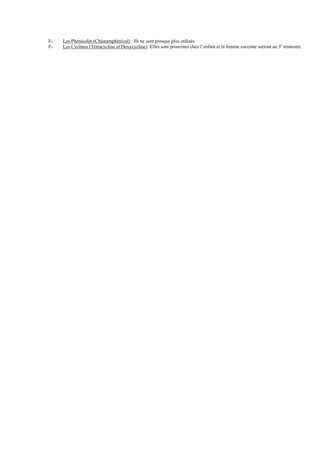 E-   Les Phénicolés (Chloramphénicol) : Ils ne sont presque plus utilisés.
F-   Les Cyclines (Tétracycline et Doxycycline) :Elles sont proscrites chez l’enfant et la femme enceinte surtout au 3e trimestre.
 