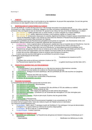 Bactériologie 5

                                                         PSEUDOMONAS


I-    HABITAT :
 Les Pseudomonas vivent dans l’eau, le sol humide et sur les végétations. Ils peuvent être saprophytes. Ce sont des germes
commensaux du tube digestif humain et de certains animaux.

II-     MORPHOLOGIE ET CARACTERES CULTURAUX :
 Ce sont des BGN de 1 à 3 Nm de long et de 0.5 à 1 Nm de large recouverts d’une pseudo-capsule.
 Ils poussent sur milieu ordinaire en aérobiose, dégagent une odeur aromatique caractéristique. Il existe des milieux sélectifs
comme le milieu de Drigalski et celui de Cetrimide. On ajoutant à ces milieux de l’eau et de l’Acide Nalidixique, on obtient :
    •      Des colonies ‘La’ isolées grandes avec un centre bombé, un contour irrégulier et un aspect métallique.
    •      Des colonies ‘Small’, petites, légèrement bombées, à bord supérieur régulier et d’aspect mâte.
    •      Des colonies ‘M’ (muqueuses) visqueuses et coulantes, légèrement bombées et d’aspect opaque (ressemblants à une
            colonie de Klebsielles souples.) Ces colonies se voient dans les infections à Pseudomonas aéruginosa surtout
            urinaires et pulmonaires. Elles produisent de l’Alginate.
 Les pigments synthétisés par les Pseudomonas permettent de les diviser en 2 groupes ; Les «fluorescents» et les «non
fluorescents» (élément essentiel dans le diagnostic différentiel des Pseudomonas.)
    •      La pyoverdine : c’est un pigment jaune vert fluorescent, soluble dans l’eau et insoluble dans le Chloroforme. Il est mis
           en évidence dans le milieu de King.B. Il est inhibé par le Na+ et favorisé par les milieux carencés en Fe.
    •      La pyocyanine : Bleue, soluble dans l’eau et le Chloroforme. La seule espèce pouvant la synthétiser est le
                                                                                                                      +
           Pseudomonas aéruginosa. Elle est mise en évidence par le milieu de King.A. Elle est inhibée par le Na et le P.
    •      5% des souches sont apigmentées (chez les malades chroniques traités par les antibiotiques.)
    •      Il existe des souches mélanogènes (mises en évidence dans les lésions purulentes.)
    •      Il existe aussi des souches érythrogènes qui synthétisent la pyorubine (rouge.)
 L’identification bactériologique est très facile :
    -      Oxydase +.                                                      -       Température de croissance de 40°c.
    -      ADH +.
    -      L’oxydation des sucres se fait avec production d’acide et de CO2.
    -      Les Pseudomonas respirent les nitrites.                         -       La galerie biochimique doit être faite à 30°c.

III-    PRODUITS ELABORES PAR LES PSEUDOMONAS :
   A-    Hémolysine :
      ∗    La phospholipase C est un glycolipide qui a un rôle dans les réactions inflammatoires cutanées.
      ∗    Les protéases sont des facteurs de virulence du Pseudomonas aéruginosa.
   B-    L’exotoxine A : Analogue à la toxine diphtérique, elle est synthétisée par 30% des souches non lysogènes.
   C-    L’exoenzyme S.
   D-    La cytotoxine : Présente dans 95% des souches.
   E-    L’entérotoxine : Incriminée dans l’entérocolite à Pseudomonas.
   F-    Le facteur de perméabilité vasculaire.

IV-    POUVOIR PATHOGENE :
 Le Pseudomonas est une bactérie opportuniste incriminée dans :
  A-     Les infections pulmonaires : Mucoviscidose.
  B-     Les infections uro-génitales.
  C-     Les infections ostéo-articulaires : Constituent 20% des arthrites et 10% des ostéites sur matériel.
  D-     Les infections oculaires : Fente purulente de l’œil.
  E-     Les infections ORL : Otite maligne des diabétiques et otite externe des plongeurs.
  F-     Les infections méningées : Constituent 2% de l’ensemble des méningites et 10% des méningites post-
         neurochirurgicales.
  G-     Les infections cutanées : Onyxis et péri-onyxis. Eczéma chez les grands brûlés.
  H-     L’entérite.
  I-     L’endocardite à Pseudomonas.
 La source de contamination est l’eau et l’environnement hospitalier à une concentration de 107/ml
 Le vecteur est tout support inerte, mains des visiteurs et gens de l’hôpital surtout en réanimation.
 Les marqueurs épidémiologiques sont :
  •      La sérotypie : Habs a décrit 17 sérotypes à partir de l’AntiGène O. Ces sérotypes n’ont pas de dénomination.
         L’Antigène H a un grand intérêt car il diminue les souches antigroupables.
  •      La lysotypie : Se fait à l’aide de 17 bactériophages.
  •      La pyocinotypie : Il existe 2 pyocines.

V-     TRAITEMENT ET PROPHYLAXIE :
  A-     Sensibilité aux antibiotiques : Le Pseudomonas aéruginosa est résistant à beaucoup d’antibiotiques par 3
         mécanismes :
     -     Imperméabilité.                                           -       Modification de l’affinité pour la cible.
 