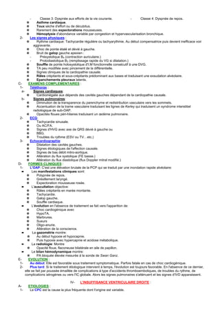 -       Classe 3: Dyspnée aux efforts de la vie courante.               -       Classe 4: Dyspnée de repos.
      ✵        Asthme cardiaque.
      ✵        Toux sèche d'effort ou de décubitus.
      ✵        Rarement des expectorations mousseuses.
      ✵        Hémoptysie d'abondance variable par congestion et hypervascularisation bronchique.
 2-       Les signes physiques :
       ✵       Rythme cardiaque: Tachycardie régulière ou tachyarythmie. Au début compensatrice puis devient inefficace voir
             aggravante.
       ✵       Choc de pointe étalé et dévié à gauche.
       ✵       Bruit de galop gauche apexien :
          -       Présystolique B4 (contraction auriculaire.)
          -       Protodiastolique B3 (remplissage rapide du VG si dilatation.)
       ✵       Souffle de pointe holosystolique d'I.M fonctionnelle consécutif à une DVG.
       ✵       TA peu modifiée avec pincement de la différentielle.
       ✵       Signes cliniques de la cardiopathie causale.
       ✵       Râles crépitants et sous-crépitants prédominant aux bases et traduisant une exsudation alvéolaire.
       ✵       Epanchements pleuraux latents.
C-       EXAMENS COMPLEMENTAIRES :
 1-       Téléthorax :
   a-        Signes cardiaques:
       ✵       Cardiomégalie aux dépends des cavités gauches dépendant de la cardiopathie causale.
   b-        Signes pulmonaires:
       ✵       Diminution de la transparence du parenchyme et redistribution vasculaire vers les sommets.
       ✵       Accentuation de la trame vasculaire traduisant les lignes de Kerley qui traduisent un syndrome interstitiel
             radiologique de sub-OAP.
       ✵       Opacités floues péri-hilaires traduisant un œdème pulmonaire.
 2-       ECG:
       ✵       Tachycardie sinusale.
       ✵       Ou AC/FA.
       ✵       Signes d'HVG avec axe de QRS dévié à gauche ou
       ✵       BBG.
       ✵       Troubles du rythme (ESV ou TV…etc.)
 3-       Echocardiographie:
       ✵       Dilatation des cavités gauches.
       ✵       Signes étiologiques de l'affection causale.
       ✵       Signes de bas débit mitro-aortique.
       ✵       Altération du flux systolique (FE basse.)
       ✵       Altération du flux diastolique (flux Doppler mitral modifié.)
D-       FORMES CLINIQUES :
 1-       L'OAP: C'est une élévation brutale de la PCP qui se traduit par une inondation rapide alvéolaire:
   ➨        Les manifestations cliniques sont:
       ✵       Polypnée de repos.
       ✵       Grésillement laryngé.
       ✵       Expectoration mousseuse rosée.
   ➨        L'auscultation objective:
       ✵       Râles crépitants en marée montante.
       ✵       Tachycardie.
       ✵       Galop gauche.
       ✵       Souffle cardiaque.
   ➨        L'évolution en l'absence de traitement se fait vers l'apparition de:
       ✵       Choc cardiogénique avec
       ✵       HypoTA.
       ✵       Marbrures.
       ✵       Sueurs
       ✵       Oligo-anurie.
       ✵       Altération de la conscience.
   ➨        La gazométrie montre:
       ✵       Au début hypoxie et hypocapnie.
       ✵       Puis hypoxie avec hypercapnie et acidose métabolique.
   ➨        La radiologie: Montre
       ✵       Opacité floue, flaconeuse bilatérale en aile de papillon.
   ➨        Le bilan hémodynamique montre:
       ✵       PA bloquée élevée mesurée à la sonde de Swan Ganz.
E-       EVOLUTION :
 1-       Au début: Elle est favorable sous traitement symptomatique. Parfois fatale en cas de choc cardiogénique.
 2-       Plus tard: Si le traitement étiologique intervient à temps, l'évolution est toujours favorable. En l'absence de ce dernier,
      elle se fait par poussée émaillée de complications à type d'accidents thromboemboliques, de troubles du rythme, de
      complications iatrogènes ou vers l'IC globale. Alors les signes pulmonaires s'atténuent et les signes d'IVD apparaissent.

                                   IV-    L'INSUFFISANCE VENTRICULAIRE DROITE :
A-     ETIOLOGIES :
 1-     Le CPC est la cause la plus fréquente dont l'origine est variable.
 