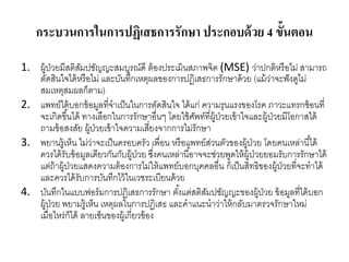 กระบวนการในการปฏิเสธการรักษา ประกอบด้วย 4 ขั้นตอน
1. ผู้ป่วยมีสติสัมปชัญญะสมบูรณ์ดี ต้องประเมินสภาพจิต (MSE) ว่าปกติหรือไม่ สามารถ
ตัดสินใจได้หรือไม่ และบันทึกเหตุผลของการปฏิเสธการรักษาด้วย (แม้ว่าจะฟังดูไม่
สมเหตุสมผลก็ตาม)
2. แพทย์ได้บอกข้อมูลที่จาเป็นในการตัดสินใจ ได้แก่ ความรุนแรงของโรค ภาวะแทรกซ้อนที่
จะเกิดขึ้นได้ ทางเลือกในการรักษาอื่นๆ โดยใช้ศัพท์ที่ผู้ป่วยเข้าใจและผู้ป่วยมีโอกาสได้
ถามข้อสงสัย ผู้ป่วยเข้าใจความเสี่ยงจากการไม่รักษา
3. พยานรู้เห็น ไม่ว่าจะเป็นครอบครัว เพื่อน หรือแพทย์ส่วนตัวของผู้ป่วย โดยคนเหล่านี้ได้
ควรได้รับข้อมูลเดียวกันกับผู้ป่วย ซึ่งคนเหล่านี้อาจจะช่วยพูดให้ผู้ป่วยยอมรับการรักษาได้
แต่ถ้าผู้ป่วยแสดงความต้องการไม่ให้แพทย์บอกบุคคลอื่น ก็เป็นสิทธิของผู้ป่วยที่จะทาได้
และควรได้รับการบันทึกไว้ในเวชระเบียนด้วย
4. บันทึกในแบบฟอร์มการปฏิเสธการรักษา ตั้งแต่สติสัมปชัญญะของผู้ป่วย ข้อมูลที่ได้บอก
ผู้ป่วย พยามรู้เห็น เหตุผลในการปฏิเสธ และคาแนะนาว่าให้กลับมาตรวจรักษาใหม่
เมื่อไหร่ก็ได้ ลายเซ็นของผู้เกี่ยวข้อง
 