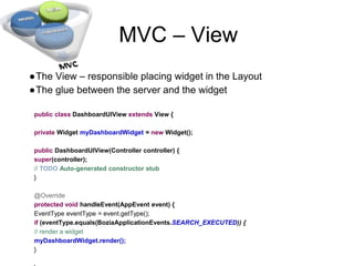 MVC – View
●The View – responsible placing widget in the Layout
●The glue between the server and the widget
public class DashboardUIView extends View {
private Widget myDashboardWidget = new Widget();
public DashboardUIView(Controller controller) {
super(controller);
// TODO Auto-generated constructor stub
}
@Override
protected void handleEvent(AppEvent event) {
EventType eventType = event.getType();
if (eventType.equals(BoziaApplicationEvents.SEARCH_EXECUTED)) {
// render a widget
myDashboardWidget.render();
}
 