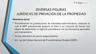 DIVERSAS FIGURAS
JURÍDICAS DE PRIVACIÓN DE LA PROPIEDAD
Abandono penal
• Procedimiento no jurisdiccional, de naturaleza administrativa, mediante el
cual el MP previamente asegura un bien o un conjunto de bienes con objeto
de determinar su legítima procedencia con los elementos aportados por el
propietario.
• No hay abandono sin previo aseguramiento.
• Art. 231 del Código Nacional de Procedimientos Penales (CNPP).
 